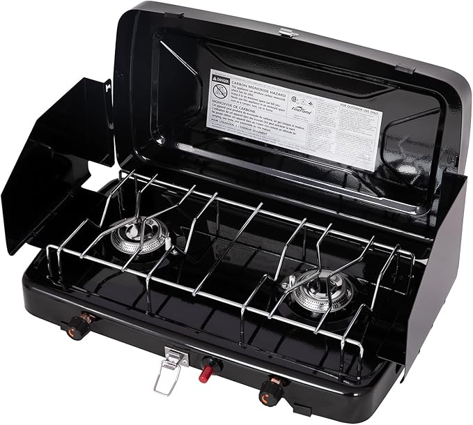 FineFlame Camping Stove, 2 Burners Propane Portable Camp Stove with Regulator, Push-Button Instant Ignition, Adjustable Burners & Wind Guards for Car BBQ Picnics Outdoor Cooking(13000BTU)
