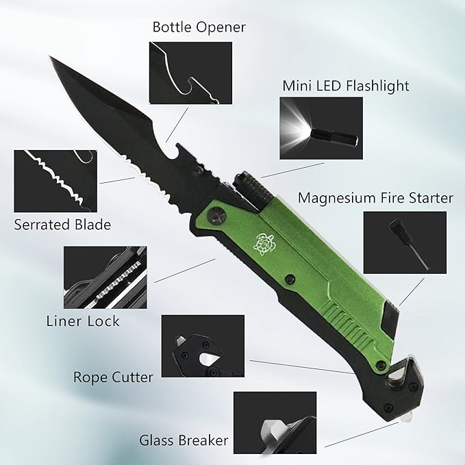 Valentine‘s & Birthday Gift for Men- Green All-in-One Survival Pocket Folding Knife with Fire Starter & Flashlight for Him, Husband, Boyfriend, Father - Multi-Tool for Camping & Emergency