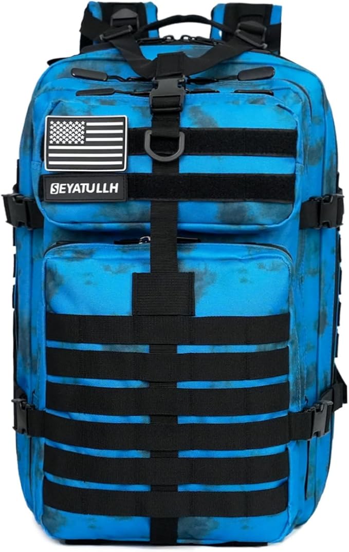 45L Military Tactical Backpack for Men & Women Bug Out Bag Assault pack Molle Daypack Hiking Trekking Rucksack (Blue tie dye)