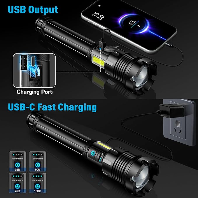 ANKRA 990000 High Lumens Flashlights Rechargeable with COB Work Light Super Bright LED Flashlight Zoomable&14 Modes &Waterproof Tactical Flashlight for Emergencies,Camping,Hiking,Outdoor,Indoor
