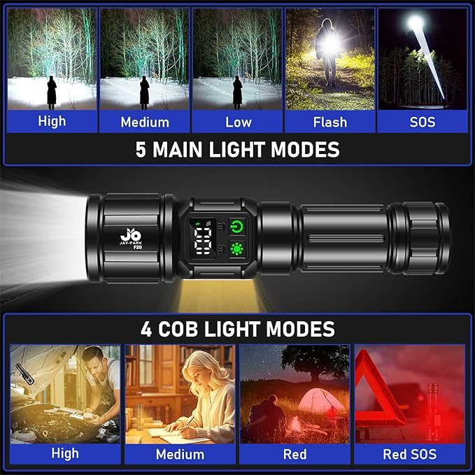 JAY-PARK Flashlights High Lumens, Rechargeable Flashlight 100000 Lumens with Magnetic, Bright Flash Light 9 Modes with 5000 mAh Battery, Tactical Flashlight for Camping, Hiking, Dog Walking
