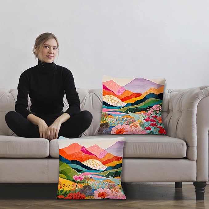 Abstract Mountain Pillow Covers for Women 18x18 Set of 2, Watercolor Landscape Throw Pillow Cases Decorative for Home Bedroom Living Room Office Decor