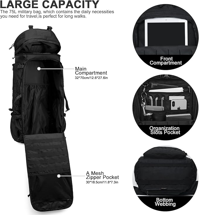 Mardingtop 75L Molle Hiking Internal Frame Backpacks with Rain Cover for Camping,Backpacking,Travelling(Black)