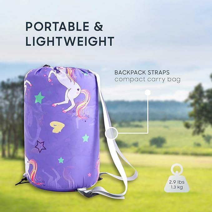 Wake In Cloud - Kids Sleeping Bag for Girls Toddlers, Camping in Warm Cold Weather, Backpacking Lightweight Compact Outdoor Liner for 3 Seasons, Unicorns Stars Hearts