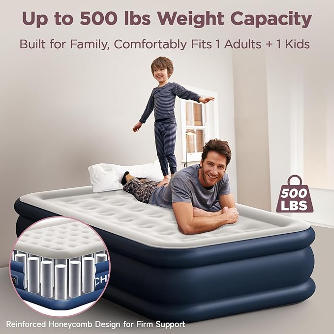 CHERIMOR Twin XL Air Mattress with Built-in Pump, 18" Raised Comfort, 80“ Length, 48Hr Leak-Proof Test, Upgraded Honeycomb Pillar Design, Supports 500 lbs, 2-Min Inflation for Home, Guests & Camping