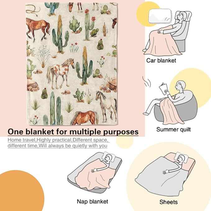 Western Horse Blanket with Cactus and Wild Mustang Pattern Throw Blankets Lightweight Flannel Throws for Camping Couch Chair Office Bed Rustic Home Decor Gifts for Adults,80x60inch