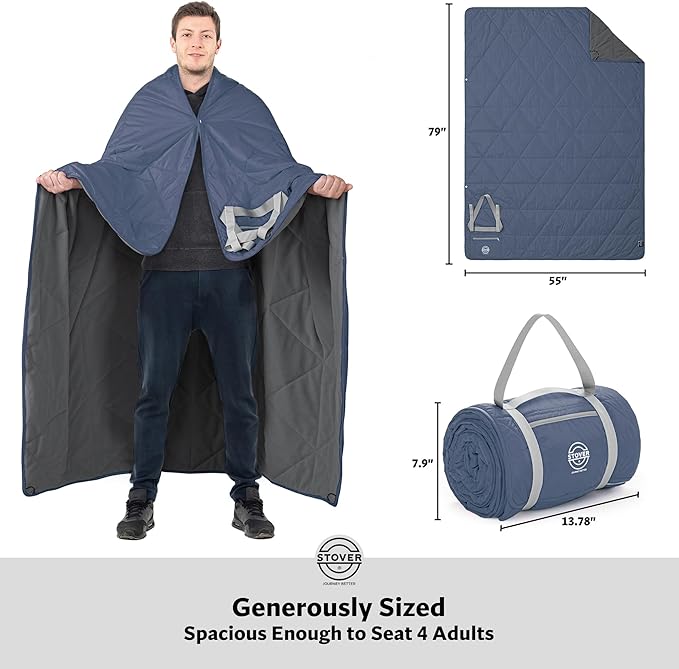 STOVER Large Waterproof Outdoor Stadium Blanket - Extra Thick Soft Fleece Camping Blanket for Travel, Picnics, Sports, Dogs - 79"x55", Warm, Windproof, Sand-Proof, Lightweight, Packable (Stadium Blue)