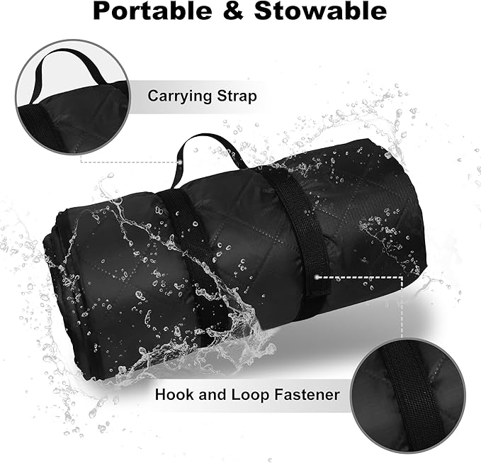 Waterproof Outdoor Blanket 92”X 60” Packable, Stadium Blankets for Camping with Quilted Fleece Lining, Large Windproof Emergency Throw Mat for Garss Picnic Hiking Road Trip, Machine Washable, Black