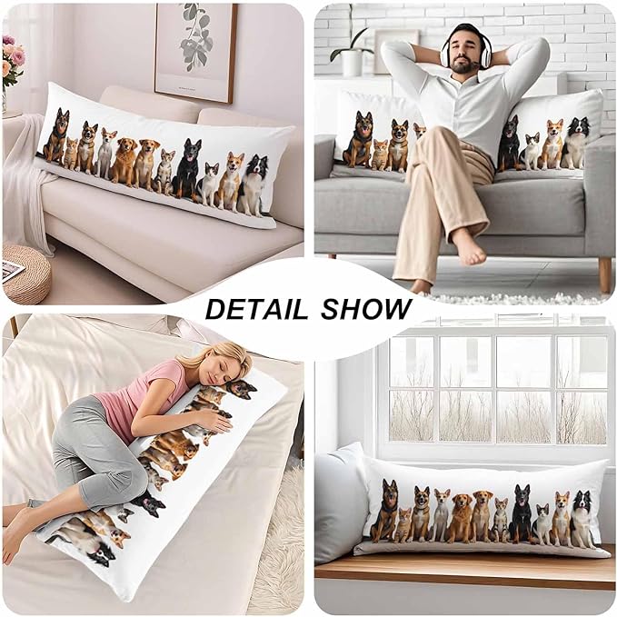 Body Pillow Covers Cats and Dogs Body Pillowcase 20"X54", Kitten Puppy Cute Pillow Cases for Home Bedroom, Outdoor Pillows Body Cushion Cover for Men Women