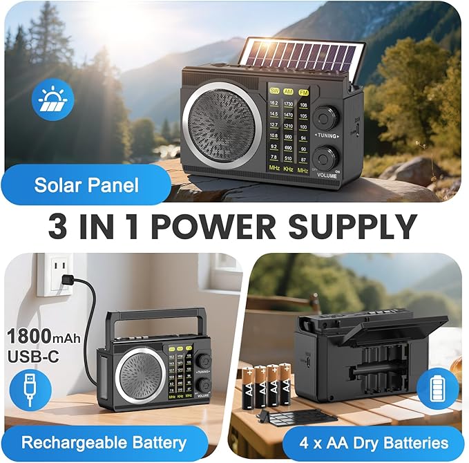 PRUNUS J-135 AM FM Radio Portable Bluetooth, Solar/AA Battery Operated/USB-C Rechargeable for Emergency, Transistor Radios with Flashlight,Support TF Card/USB Playing, Large Knob Easy to Use