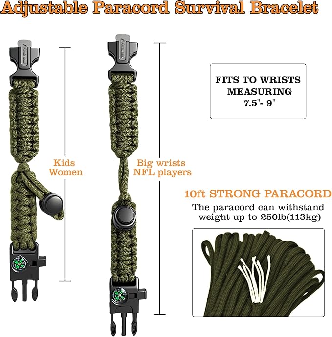Paracord Survival Bracelet (3 Pack) - Adjustable with Fire Starter, Whistle, Compass - Survival Gear for Hiking, Camping, Fishing, Gifts for Men Dad Husband