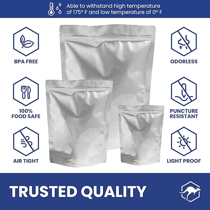 Wallaby 100ct Multi-Size Mylar Bags, 400cc Oxygen Absorbers, 15 & 10 Mil Total Thickness, 1-Gal, 1-Qt, 1/2-Pt, Stand-Up, Zipper & Heat-Sealable, Gusseted Zipper Bags for Long-Term Food Storage