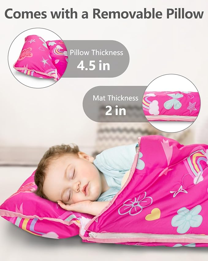 Primlect Toddler Nap Mat Extra Large Thickened 55''x35'', Soft Sleeping Bag with Detachable Minky Blanket and Pillow, Portable for Daycare, Preschool, Kindergarten, Travel, Boys and Girls