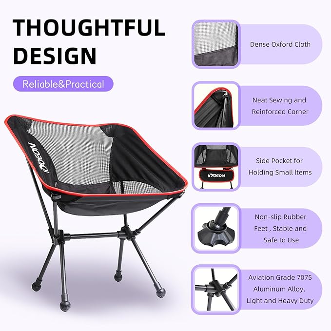 Portable Camping Chair, Ultralight Durable Foldable Chair for Outdoor Camp,Travel, Beach, Picnic, Garden, Sport Sturdy Frame, Comfortable Collapsible Lawn Chair, Supports 330Lbs