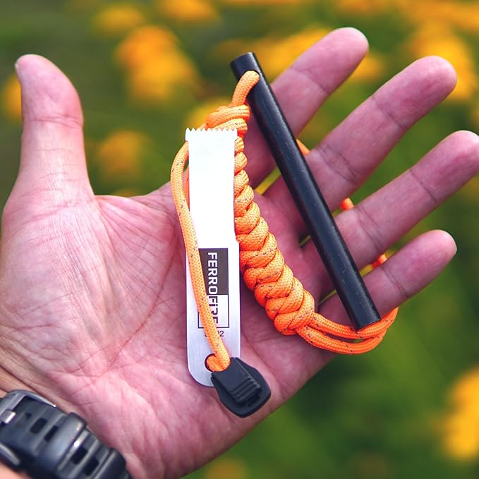 FS384 Classic Ferro Rod Fire Starter - 3/8 Inch Thick x 4 Inch Long Magnesium Ferrocerium Rod with Carbon Steel Striker & 550 Paracord Handle for Survival, Camping, Hiking, Emergency Kits