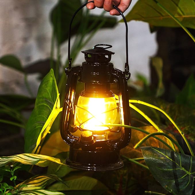 Hortsun 2 Pcs 8 Inch Vintage LED Hurricane Lantern Metal Black Outdoor Battery Operated Hanging Lantern with Warm LEDs and Dimmer Switch for Indoor Rustic Farmhouse Country Camping Decor