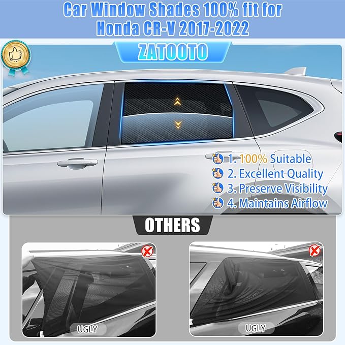 ZATOOTO Car Window Shades Honda CRV 2017-2022 for Rear Window | Car Curtains 2-Pack Baby & Pet | Blocks 99% UV & Heat | Breathable Mesh Privacy Screen | Bug-Free Design for Camping & Travel