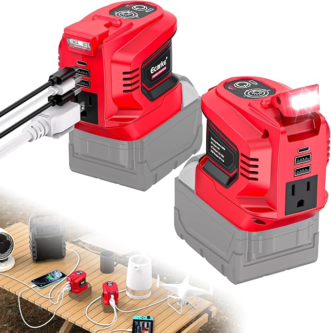 Ecarke 200W Portable Power Inverter Compatible with Milwaukee 18V Battery, DC 18V to AC 110V Power Station with 1 AC Outlet, 2 USB, 1 Type-C & LED Light, for Outdoor Emergency Use (No Battery)(2-Pack)