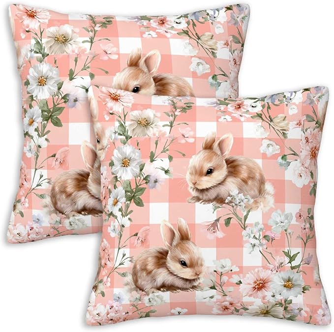 Bunny Throw Pillow Covers 18x18 Set of 2 | Pink Floral Rabbit Cushion Cases | Cute Easter Spring Gingham Decorative Pillow Covers for Couch Sofa Bedroom Girls Room