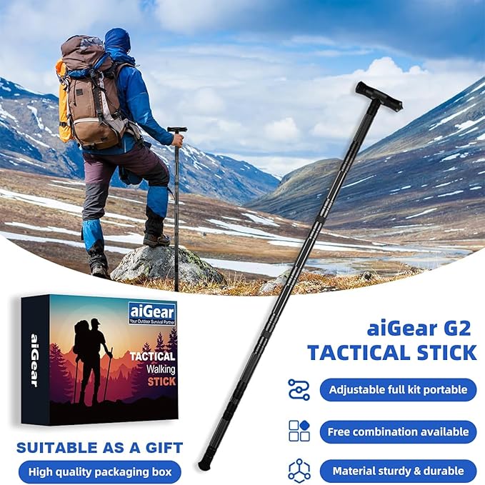 aiGear G2 Tactical Stick Hiking Walking Staff - Trekking Poles Outdoor Adjustable Hiking Stick for Camping Hiking 5-8 Tubes（with Multitool）