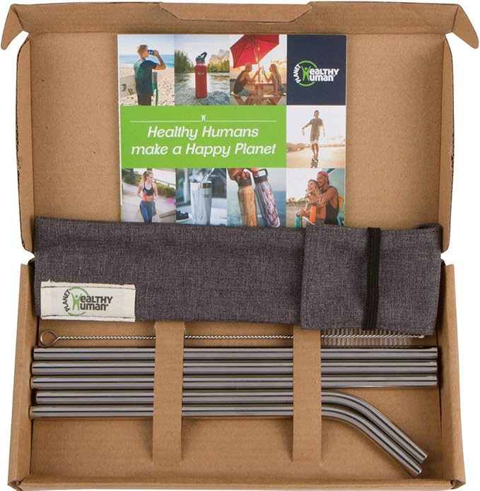 Healthy Human Set of 5 BPA Free Reusable Metal Drinking Stainless Steel Straws with Portable Travel Case -Ideal for 20oz Tumblers - 3 Straight - 2 Bent & Straw Cleaner