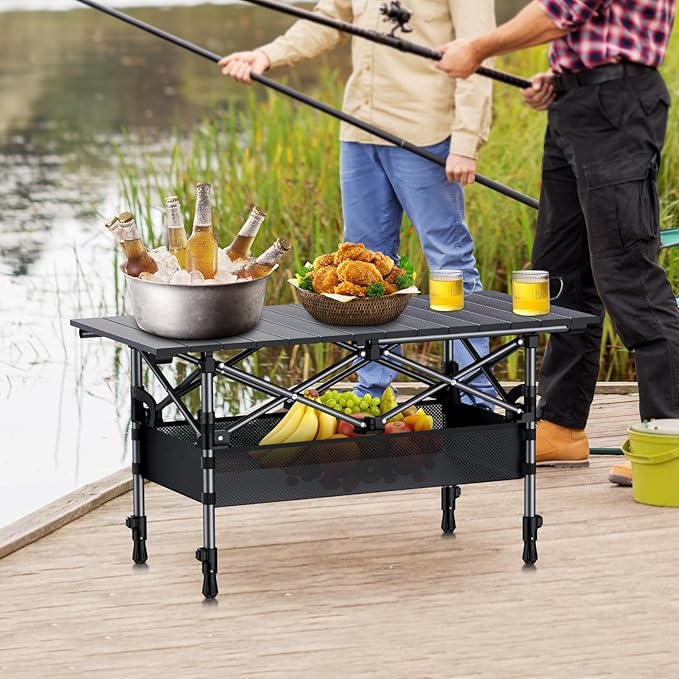 Anbte 3ft Aluminum Roll Top Camping Table, 2 Adjustable Height Camping Table Folding with Storage Net & Bag Lightweight Roll Up Table for Indoor Outdoor Backyard BBQ Patio Picnic, 32.2” X 16”, Black