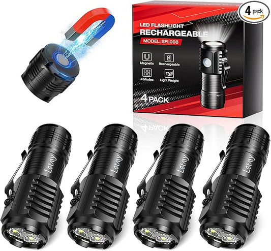 LETMY Rechargeable Mini Flashlights with Magnetic Base, 4 Pack Bright 3 LED Flash Lights, Small EDC Flashlight with Belt Clip, 4 Modes Portable Rechargeable Flashlights for Emergency Camping Home