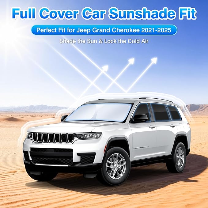 T TGBROS Windshield Sun Shade for Jeep Grand Cherokee L 2021-2024 2025 2026 Car Window Shades Thicken UV Block and Blackout Privacy Foldable Sunshades 8PCS Accessories Keep Cool Sun Visor Covers