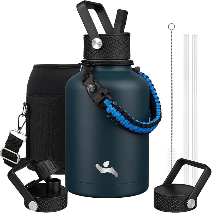 Konokyo Insulated Water Bottle with Straw,50 oz 3 Lids Water Jug with Carrying Bag,Paracord Handle,Double Wall Vacuum Stainless Steel Metal Flask,Navy Blue