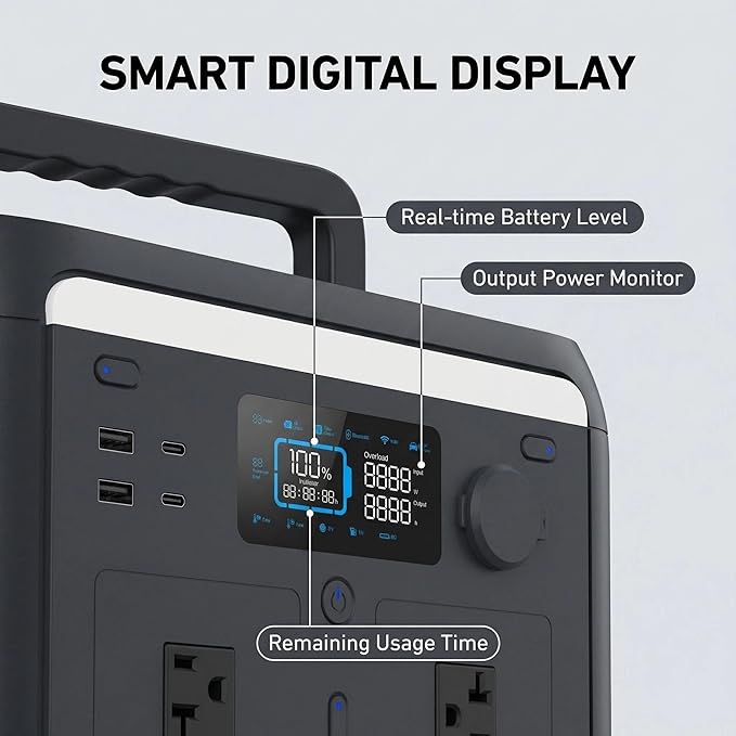 1000W Portable Power Station 614Wh, Bidirectional Inverter, <10ms EPS, 1.5H Fast Charge, LiFePO4, WiFi APP, 400W Max Solar Generator for Home Emergency, Camping, RV, CPAP