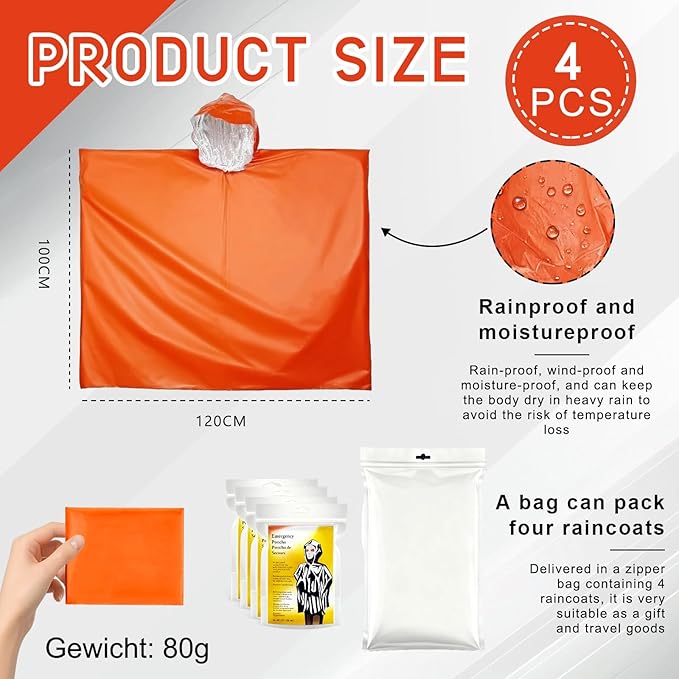 4 Pack Emergency Rain Ponchos, Emergency Insulation Blanket, Portable Outdoor Kit, Hurricane Preparedness Items, Waterproof, Windproof, Suitable For Camping Gear, Outdoor Travel(Orange)