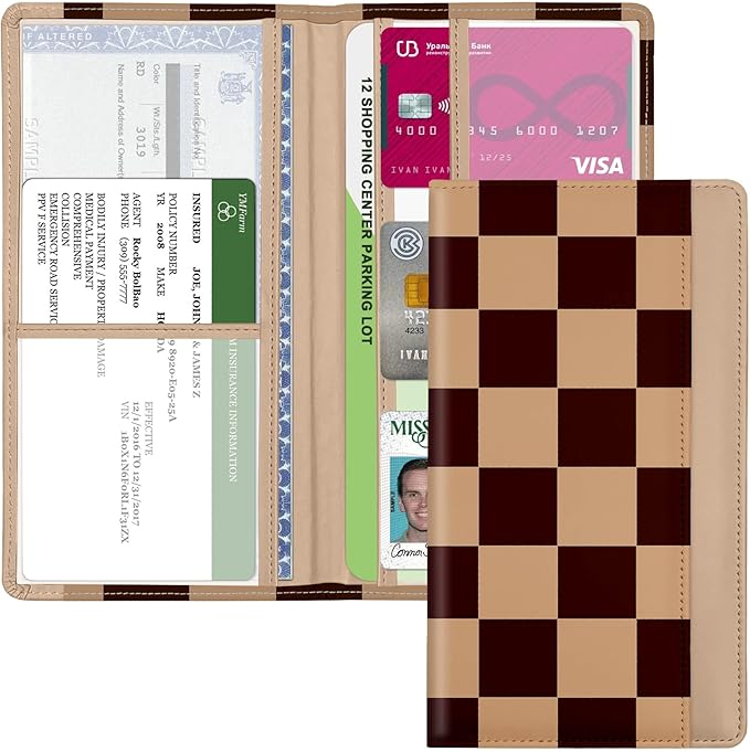 Car Registration and Insurance Holder, with Magnetic Closure for License, Cards and Documents, All Vehicle Needs and Car Accessories (Plaid-Brown)