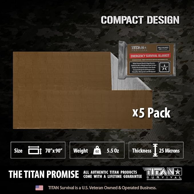 TITAN Survival Premium Mylar Survival Blankets (5 Pack) Thermal Emergency Survival Blanket for Camping, Hunting, Hiking - 90% Heat Retention & Waterproof - Portable Space Blanket w/Size Options