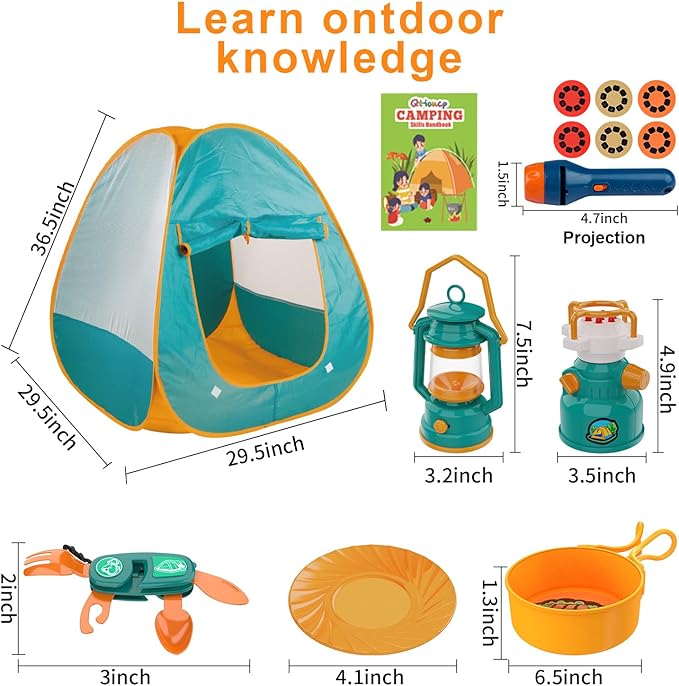 Qtioucp Kids Camping Set Pop Up Play Tent & Space Projector Flashlight- Outdoor Campfire Toy for Toddlers Kids - Pretend Play Camp Gear Tools for Birthday Christmas