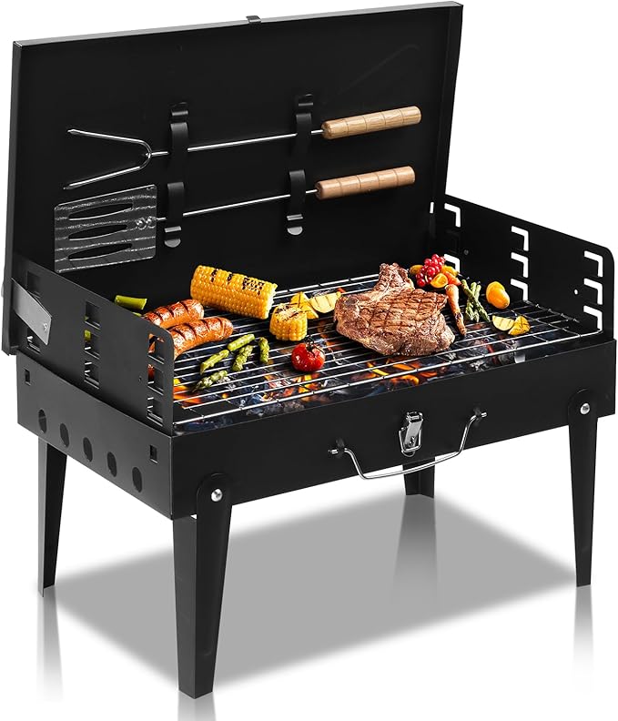 Outvita Portable Charcoal Grill, Outdoor Foldable BBQ Grill with Barbecue Accessories & Lid for Cooking Camping Picnic Hiking Beach Party Patio Smokers, Height Adjustable for 3 to 5 People