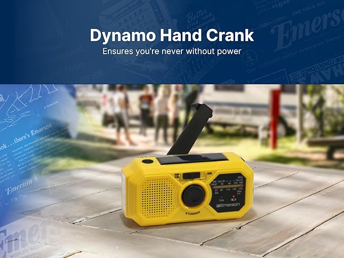 Emerson ER-7050 Emergency AM/FM Radio with NOAA Weather Band, Built-in Power Bank, Hand Crank, Solar Charging, LED Flashlight, and SOS Alarm – Essential Survival Gear for Camping and Emergency Prep