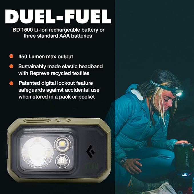 BLACK DIAMOND Storm 450 Headlamp | 450 Lumens Brightness | Waterproof & Dimmable | 3X AAA Battery Operated (Included | Camping, Hiking, Running | Ops Dark Olive