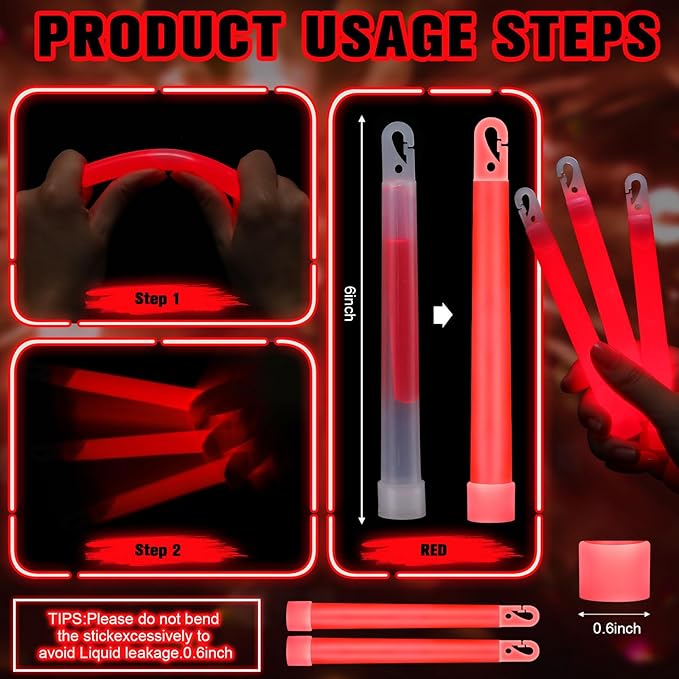 Sotiff 6" Bright Large Glow Sticks Bulk Glow Emergency Glowsticks Snap Military Grade Lights Sticks Long Last Survival Kits for Hiking Party Camping Activities