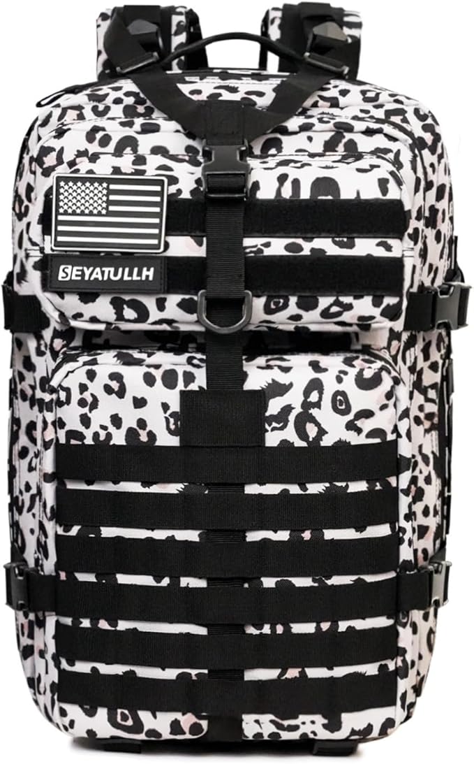 45L Military Tactical Backpack for Men & Women Bug Out Bag Assault pack Molle Daypack Hiking Trekking Rucksack (Leopard print)