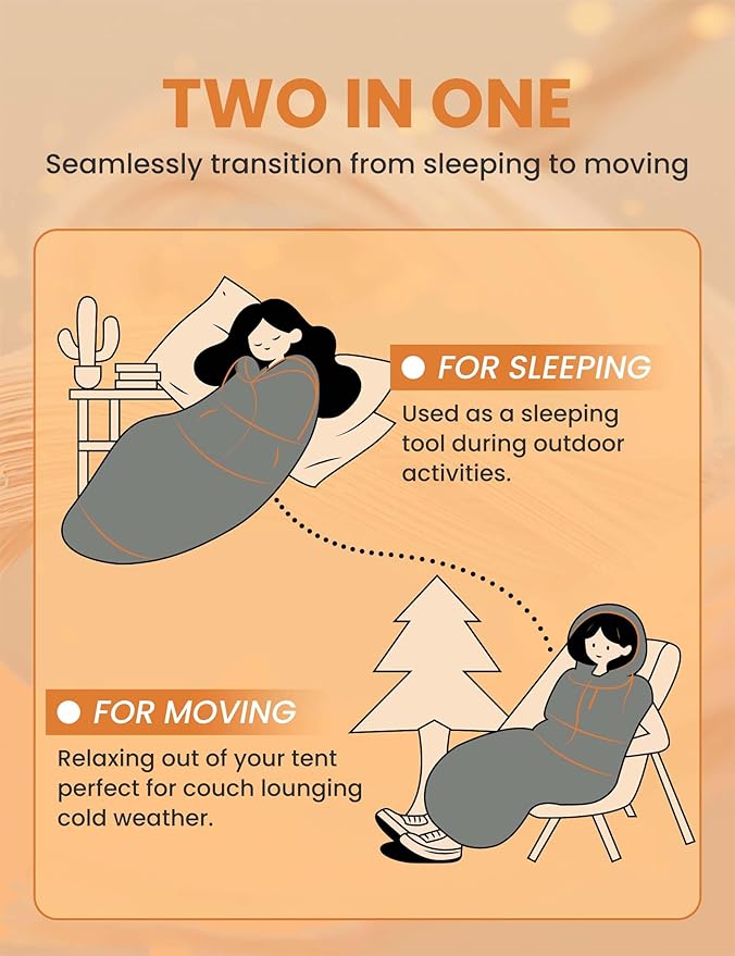 Adult Wearable Sleeping Bag with Hoodie, Sleeveless Design Adjustable Drawstring Waterproof Wearable Sleeping Bag Ideal for Camping, Cold Weather
