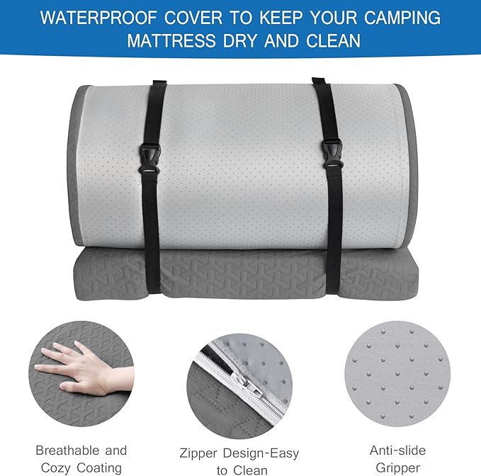 Memory Foam Camping Mattress Pad 3 Inch Thick, Portable Sleeping Pad with Waterproof Cover, Portable Roll Up Cot Mattress Pad Floor Mat for Travel Truck Bed Tent 72" x 24"x 3"