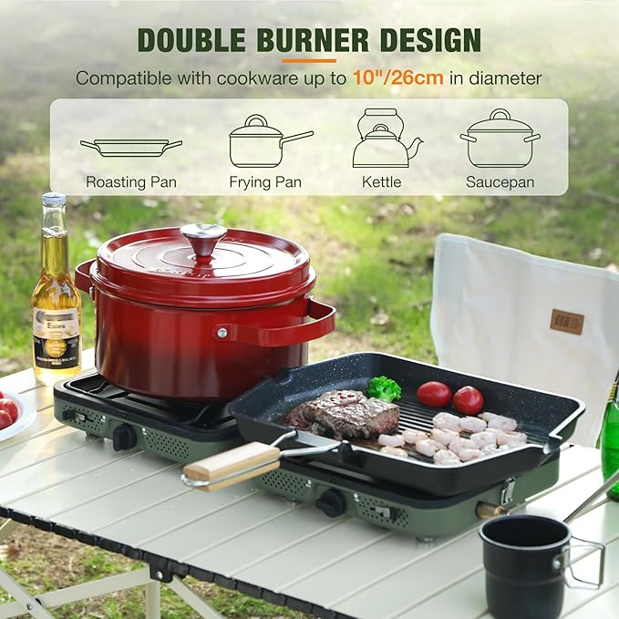 2 Burner Propane Camping Stove,Portable Folding Gas Stove for Camping with 17200 BTU,Two Adjustable Burners with Easy Carrying Handle&Inlet Gas Pipe,Outdoor Camp Stove for Camping Backpacking