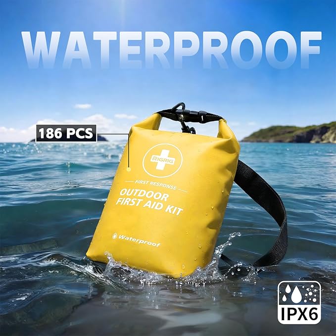 Waterproof First Aid Kit 186 Pcs Survival Gear, Portable Small Boat Dry Bag Bug Out Bags, Emergencies Medical Kit Ideal for Boating, Fishing, Hiking, Camping, Kayaking (Yellow)