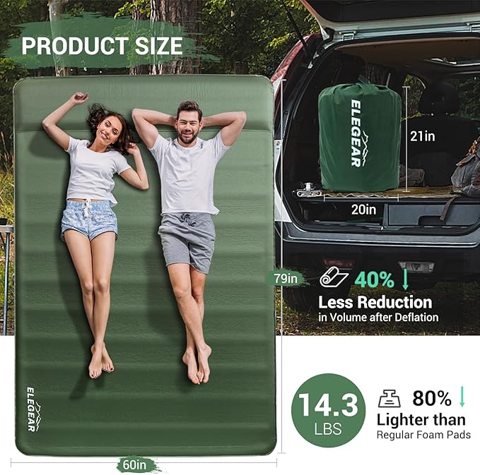 Elegear CumbreX™ Air & Foam Self Inflating Sleeping Pad, Built-in Electric Pump 4" Ultra-Thick Memory Foam Camping Mattress with Pillow Double Camping Pad 4-Season R-Value 9.5 Camp Mat - Gueen