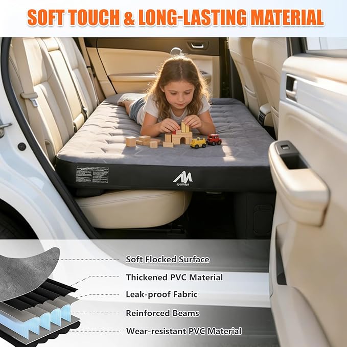 AYAMAYA Car Air Mattress Back Seat, Inflatable Car Bed with Built-in Cordless Rechargeable Air Pump for SUV, Sedan, All-in-One Car Mattress with Pillow & Support Column for Camping, Road Trip, Travel