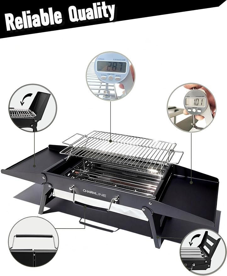 Charmline 15x11 inches Portable Charcoal Grill, Compact Portable BBQ Grill, Tabletop Charcoal Grills for Camping, Picnics, Gardens and Beach Parties, Black