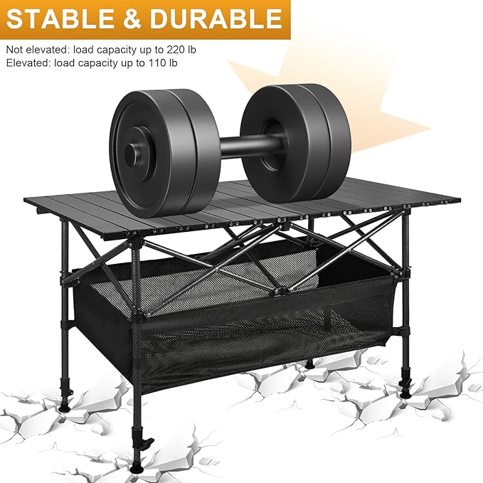 Folding Camping Table, Outdoor Roll-up Table Height Adjustable & Portable Metal Camp Grill Table for Picnic, BBQ, Party, Backyard, Beach, Mesh Storage and Carry Bag (Ash Black, 47.24'' X-Large)