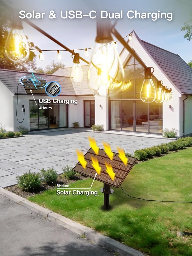 30FT Solar String Lights Outdoor Waterproof, 10+1 LED Solar Powered Lights with Remote Control, 3 Light Modes & Dimmable, USB-C Charging for Patio, Backyard, Garden, Camping