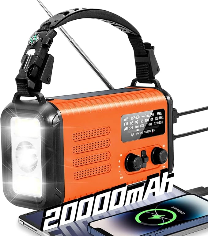 Emergency Crank Radio, 20000mAh / 74000mWh Solar Hand Crank Weather Radio with NOAA/AM/FM, Battery Powered Radio with Cell Phone Charger, Reading Lamp, Flashlight & SOS for Emergencies/Home (Orange)
