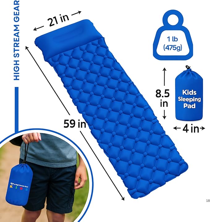 Kids Sleeping Pad for Camping and Sleepovers with Pillow, Inflatable Camping Mattress for Backpacking & Travel, Thick Toddler Cot Mat, Fast Inflating Camping Sleeping Pads for Kids